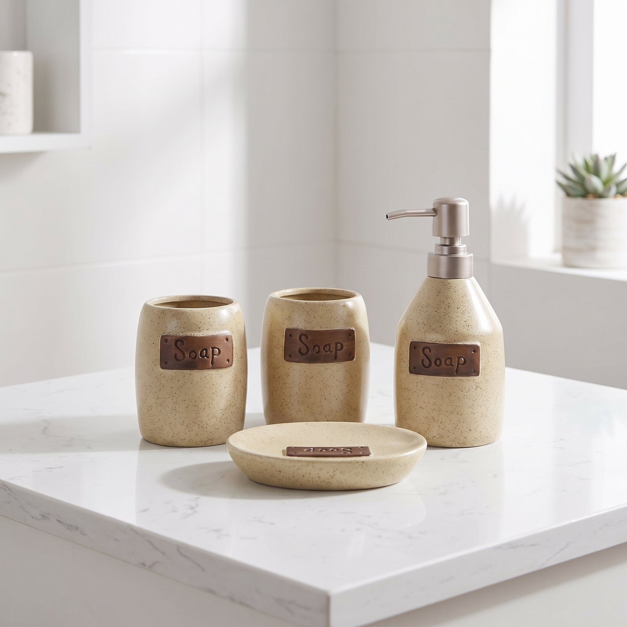 Set de Baño Cerámico Crema 4 Piezas "Soap"