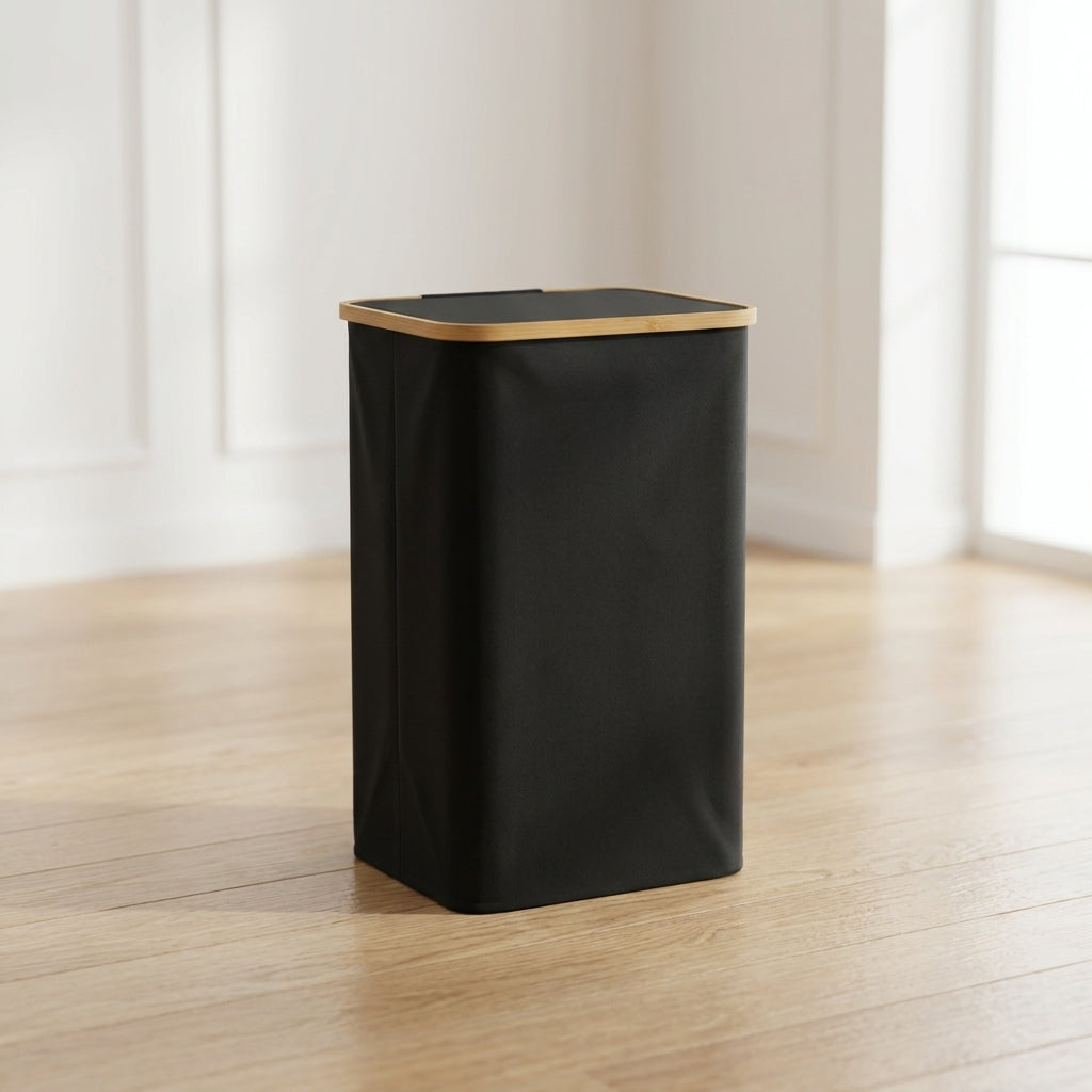 Cesto ropa negro tapa bambú 70 x 35